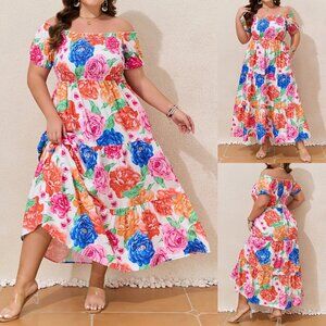BOHO Women's Off Shoulder Tiered Maxi Dress Flower Print